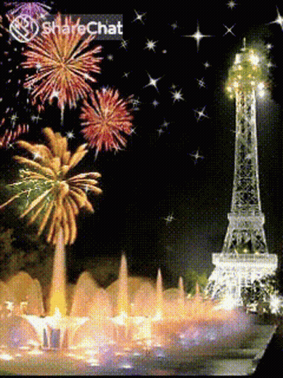 Eiffel Tower Lit Up With Fireworks And ShareChat Logo GIF