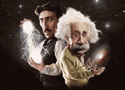 Einstein And Nikola Tesla Holding Lightning GIF