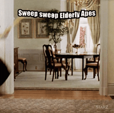 Elderly Apes Sweeping In Dining Room GIF