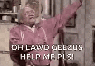 Elderly Man In Pink Jacket Shouting With Arms Outstretched In Kitchen GIF