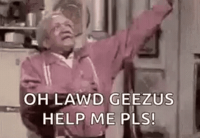 Elderly Man In Pink Jacket Shouting With Arms Outstretched In Kitchen GIF