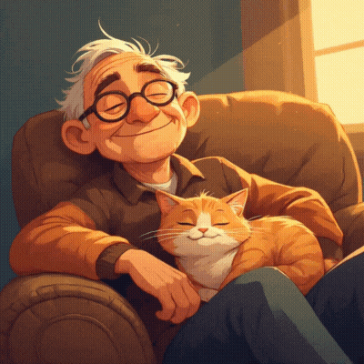 Elderly Man Sitting In Chair With Cat GIF