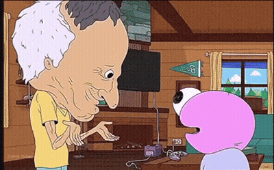 Elderly Man Talking To Pink Character With UCSB Pennant GIF