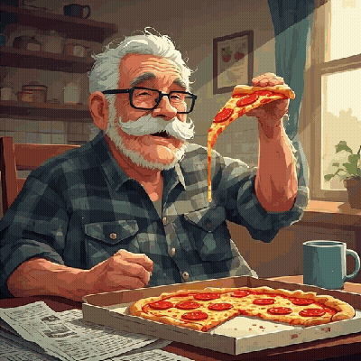 Elderly Man With Glasses Eating Pepperoni Pizza GIF