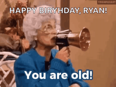 Elderly Woman Blowing Megaphone Saying Happy Birthday Ryan You Are Old GIF