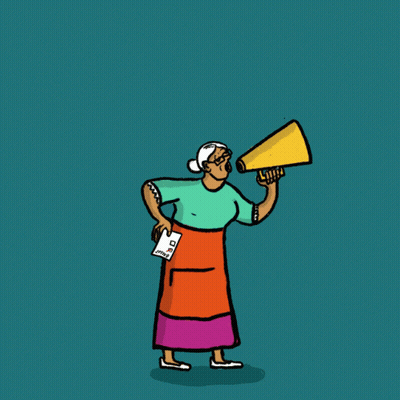 Elderly Woman Holding Ballot And Megaphone Saying Votar Por Correo GIF