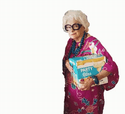 Elderly Woman Holding Box Of Party Rita's GIF