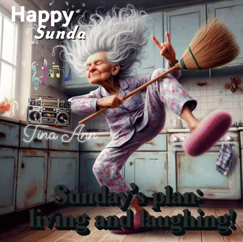 Elderly Woman Holding Broom Happy Sunday GIF