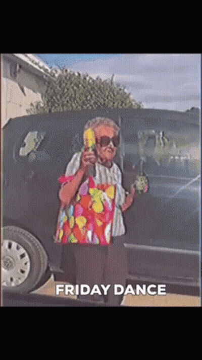 Elderly Woman Holding Drink And Bag Friday Dance GIF