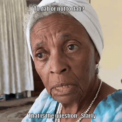 Elderly Woman In Blue Shirt And Pearls Says To Dab Or Not To Dab That Is The Question Starly GIF