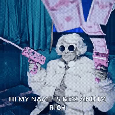 Elderly Woman In Fur Coat Holding Pink Gun Says Hi My Name Is Rizz And I'm Rich GIF