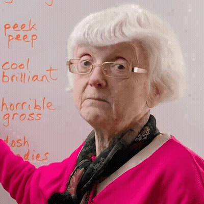 Elderly Woman Pointing At Board: Peek Peep Cool Brilliant Horrible Gross GIF