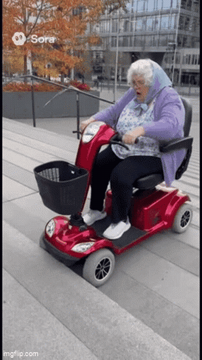 Elderly Woman Riding Red Scooter Down Stairs GIF
