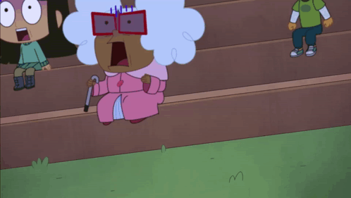 Elderly Woman Sitting On Bleacher Next To Peanut GIF