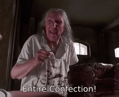 Elderly Woman Sitting With Entire Confection GIF
