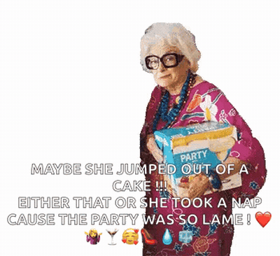 Elderly Woman With Glasses Holding Party Supplies Saying Party