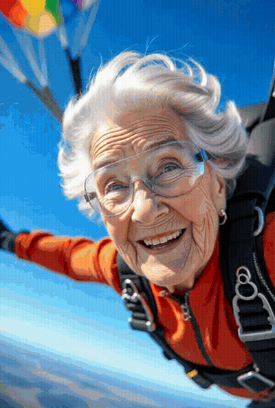 Elderly Woman With Glasses Smiling In Parachute GIF