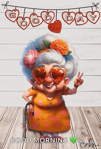Elderly Woman With Heart Glasses And Cane Giving Peace Sign GIF