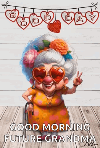 Elderly Woman With Heart Sunglasses And Cane GIF