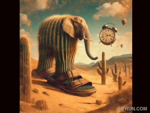 Elephant Made Of Cactus And Alarm Clock GIF