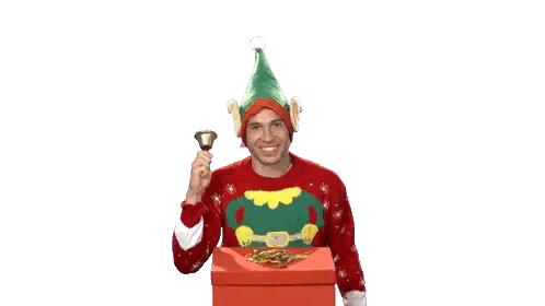 Elf Holding Bell Over Gift Sticker