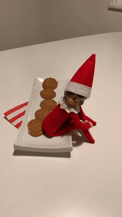Elf On The Shelf Sits On Plate With Cookies GIF