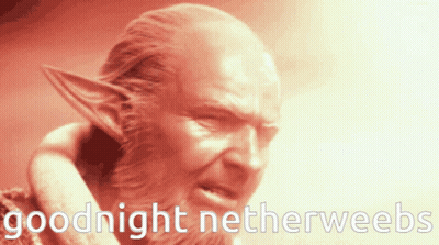 Elf Statue Saying Goodnight Netherweebs On Red Background GIF