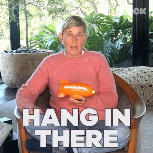 Ellen Degeneres Is Sitting In A Chair Holding A Nickelodeon Toy And Says Hang In There GIF