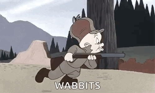 Elmer Fudd From Looney Tunes Is Running With A Rifle In His Hand . GIF