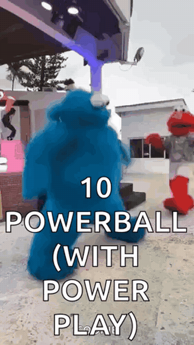Elmo And Cookie Monster Are Dancing In Front Of A Sign That Says 10 Powerball With Power Play GIF