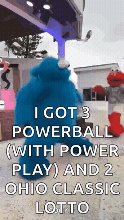Elmo And Cookie Monster Are Dancing In Front Of A Sign That Says I Got 3 Powerball GIF
