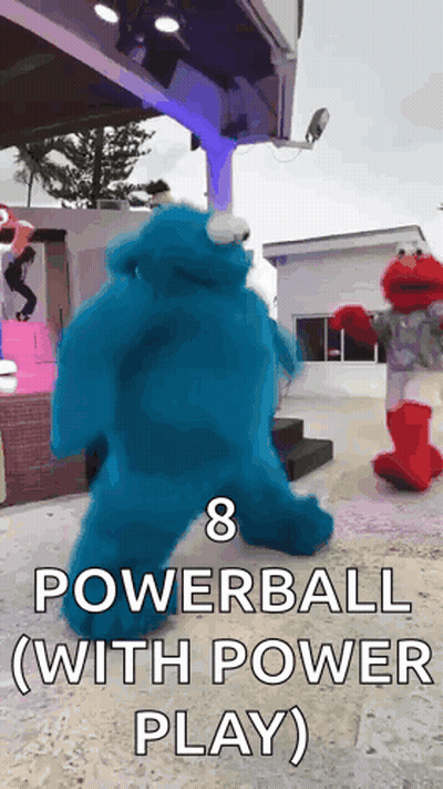 Elmo And Cookie Monster Are Dancing Together With The Words Powerball With Power Play GIF