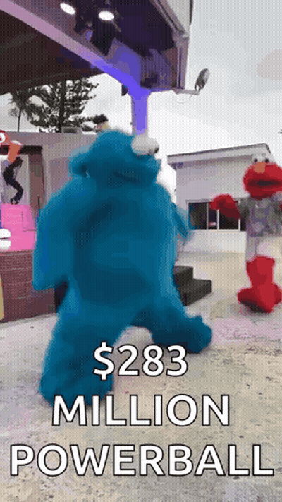 Elmo And Cookie Monster Are Dancing With The Words $ 283 Million Powerball GIF