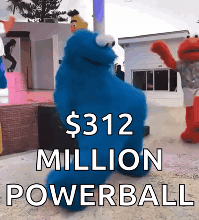 Elmo And Cookie Monster Are Dancing With The Words $ 312 Million Powerball GIF