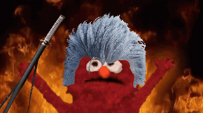 Elmo From Sesame Street Holding A Sword In Front Of A Fire Background GIF