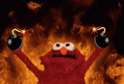 Elmo From Sesame Street Holding Two Bombs In Front Of A Fire Background GIF