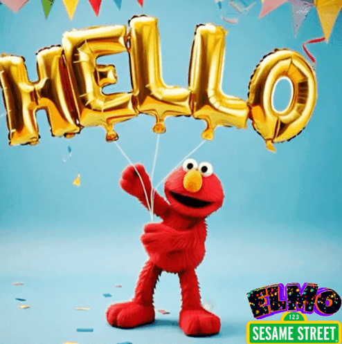 Elmo From Sesame Street Is Holding A Gold Hello Balloon GIF
