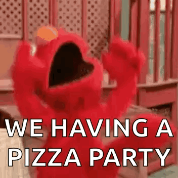 Elmo From Sesame Street Is Holding A Pizza In His Hands And Says `` We Having A Pizza Party '' . GIF