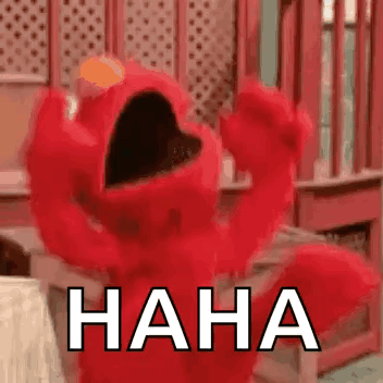 Elmo From Sesame Street Is Laughing With His Arms In The Air And The Words `` Haha '' Written Below Him . GIF