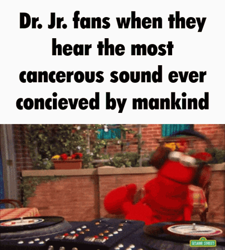 Elmo From Sesame Street Is Playing A Record On A Turntable With A Caption That Says Dr. Jr. Fans GIF
