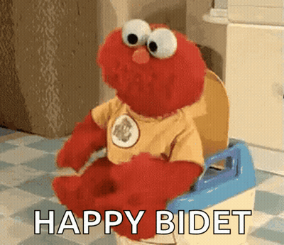 Elmo From Sesame Street Is Sitting On A Potty With The Words Happy Bidet Below Him GIF