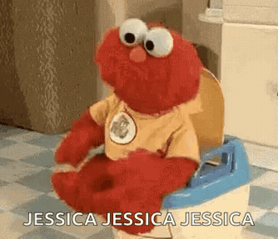 Elmo From Sesame Street Is Sitting On A Potty With The Words `` Jessica Jessica Jessica '' Written On It . GIF