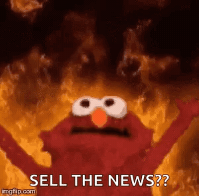 Elmo From Sesame Street Is Standing In Front Of A Fire With His Arms Outstretched And Says `` Sell The News ? '' GIF