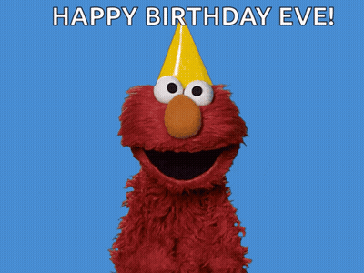 Elmo From Sesame Street Wearing A Yellow Party Hat With The Words Happy Birthday Eve Below Him GIF