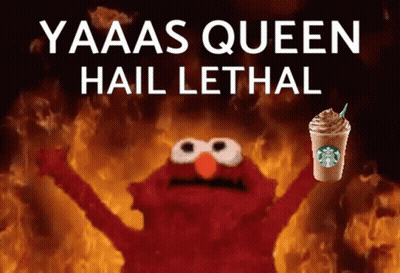 Elmo Is Holding A Starbucks Drink In Front Of Flames GIF