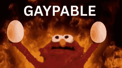 Elmo Is Holding Two Eggs In Front Of A Fire And The Words Gaypable GIF