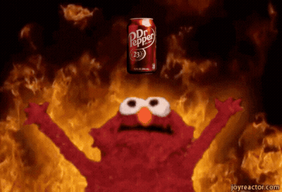 Elmo Is Holding Up His Arms In Front Of A Dr Pepper Can GIF