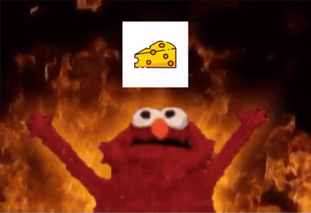 Elmo Is Holding Up His Arms In Front Of A Piece Of Cheese GIF