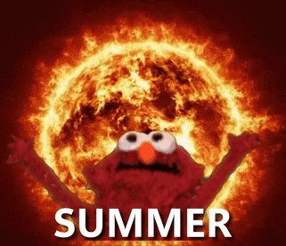 Elmo Is Standing In Front Of A Burning Sun And The Word Summer Is Written Below Him GIF