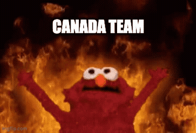 Elmo Is Standing In Front Of A Fire With The Words Canada Team Written Above Him GIF
